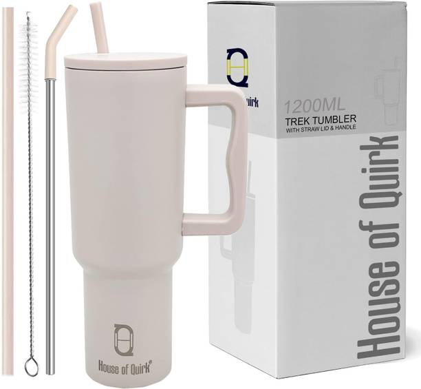 HOUSE OF QUIRK 1200ML Stainless Steel Tumbler Hot and Cold with Handle and Lid 2 Straw Oatmeal 1200 ml