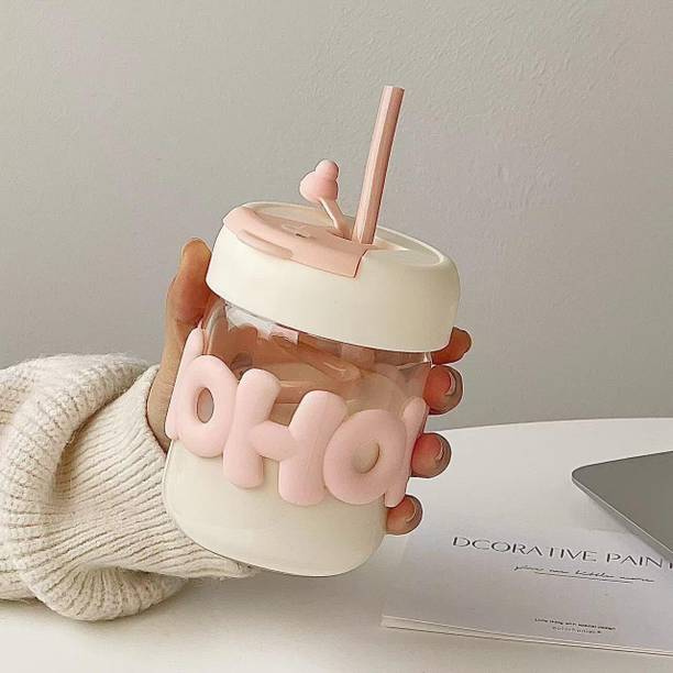 टिनसुग Printed Coffee Cup with Silicone Lid and Glass Straw for Tea and Coffee ग्लास मग