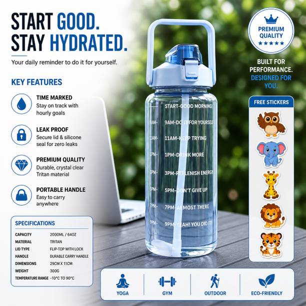 Cronus LargeCapacity Water Bottle Motivational trasparent travel bisycle 2000 ml Bottle 2000 ml Plastic Sipper