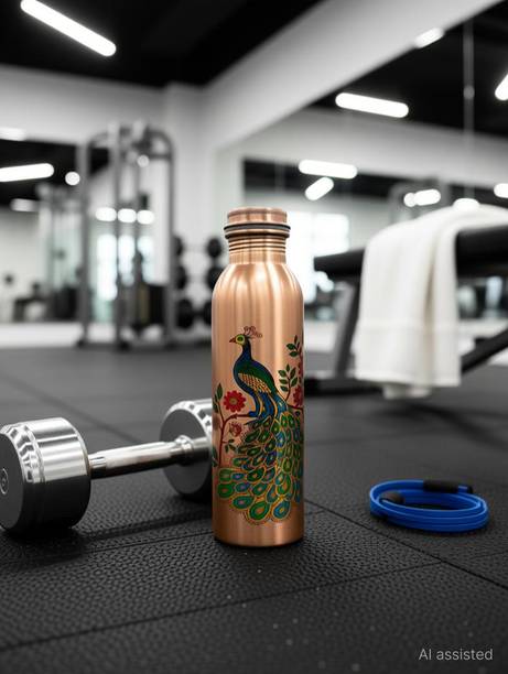 vedanshstore Vedand Leak Proof Peacock Printed Copper Water Bottle for Office Yoga and Gym 1000 ml Copper Bottle