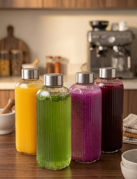CROCO JAR Set of 4 Strip Design Glass Water Bottle with Leak-Proof Steel lid – 750 ml Each 750 ml Glass Bottle