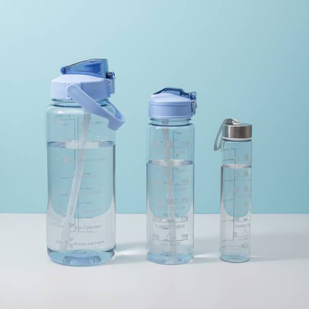 LAZYwindow Motivational Transparent Plastic Water Bottle – 3 Set 2000 ml Plastic Bottle