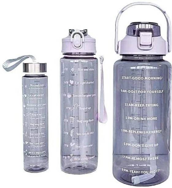 REVATAKG 3 Pcs Transparent Water Bottle 2000, 800, 300ML Motivational Time Marker & Straw 2000 ml Plastic Bottle