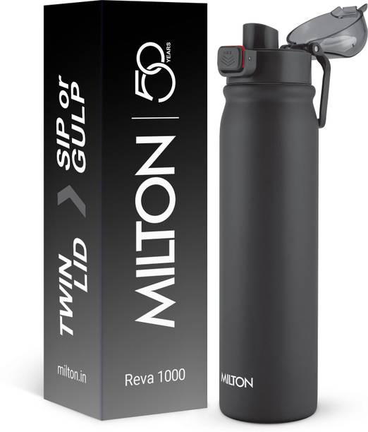 MILTON Reva 1000 Stainless Steel Water Bottle with Twin Lid Sip or Gulp, 1 Litre Black 1000 ml