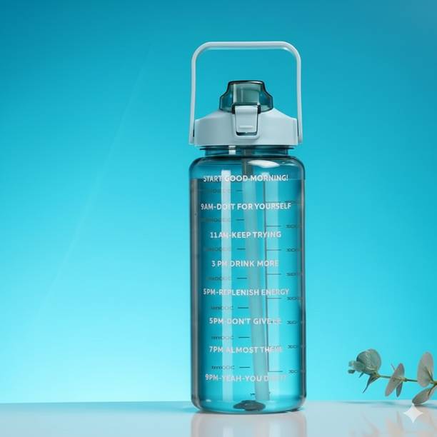 kitchkart Motivational Time Marker, Water Bottle with Straw & Handle, Leakproof Durable 2000 ml Plastic Bottle