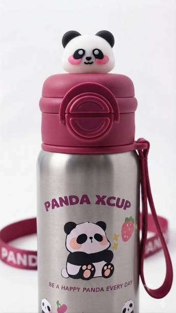 Casacraft Cute Pink Panda Water Bottle | Flip Cap & Strap | Leak Proof | Stainless Steel 600 ml Water Bottle