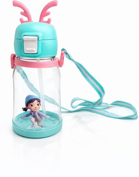 BELLERBIRD Cartoon Design Bottle with Straw & Strap , Anti-Leak Proof Water Bottle for Kids 600 ml Plastic Bottle