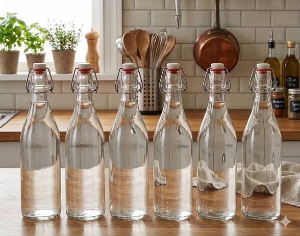 CROCO JAR Set of 6 CLIP Water Bottle with Leak-Proof – 1000 ml Each 1000 ml Glass Bottle