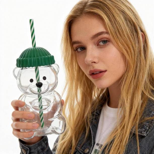 Jasani Creation Teddy Bear Design Glass Sipper Cup with Straw and Lid Glass Beer Mug