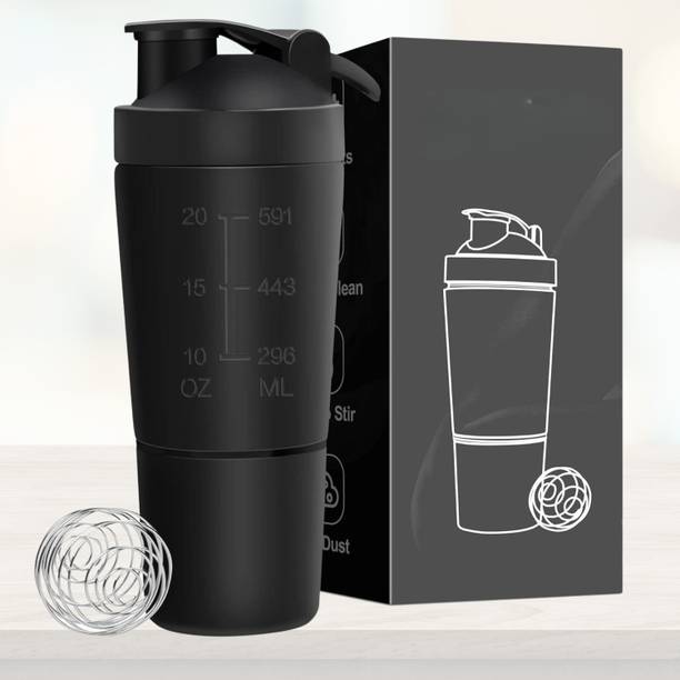 MozFit Black Protein Shaker Bottle with Detachable Storage Compartment and Blender Ball 750 ml Stainless Steel Shaker