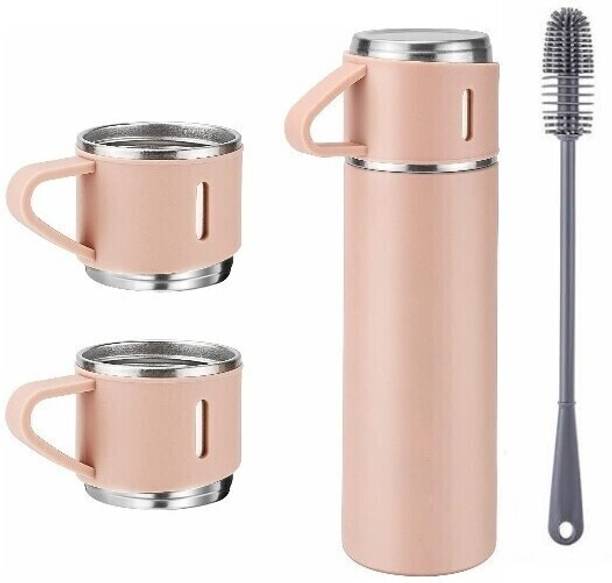 ICONIX Vacuum Flask set 3Cup set for Hot & Cold Drink BPA Free (Pink)with Silicon Brush 500 ml Bottle