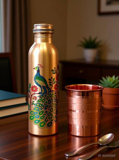vedanshstore 100 % copper peacock design Leak proof with one Glass copper water bottle 1000 ml Copper Bottle With Drinking Glass