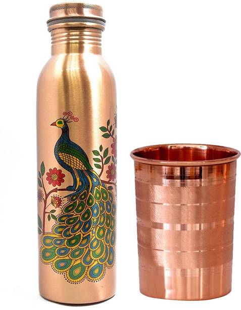 vedanshstore 100 % copper peacock design Leak proof with one Glass copper water bottle 1000 ml