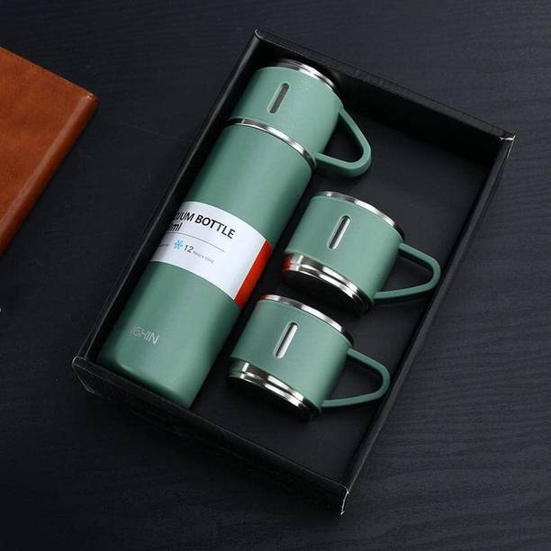 ICONIX Vacuum Flask set 3Cup set for Hot & Cold Drink BPA Free(Green)with Silicon Brush 500 ml Flask