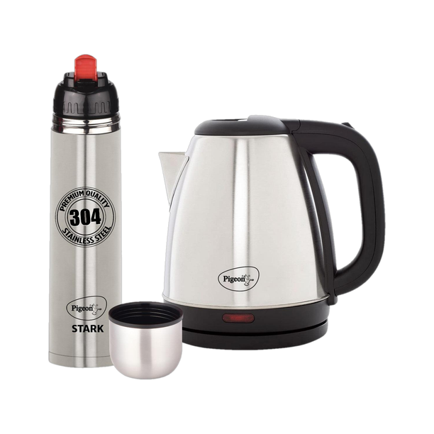 Pigeon 1.5 L Kettle With 1000 ml Stark Flask 1000 ml Steel Flask (Pack of 2, Silver)