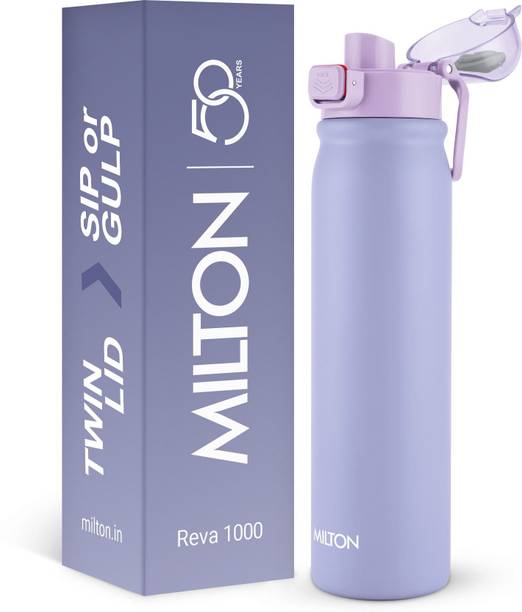 MILTON Reva 1000 Stainless Steel Water Bottle with Twin Lid Sip or Gulp 1 Litre Purple 1000 ml