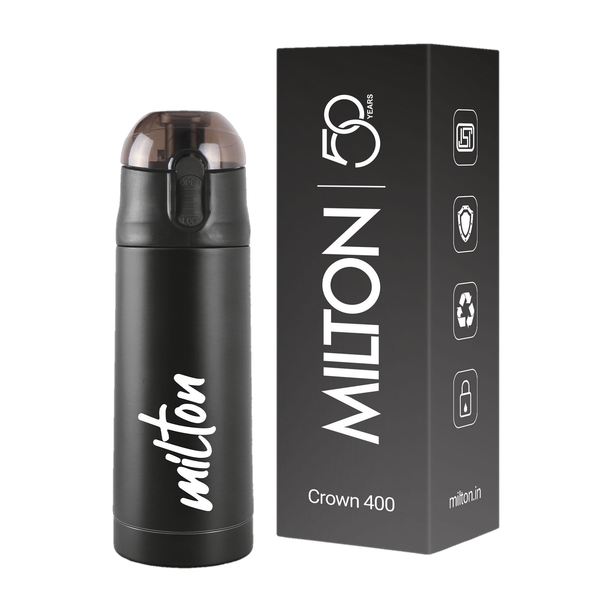 MILTON New Crown 400 Thermosteel Water Bottle, ISI Certified, 24 Hr Hot and Cold 350 ml Stainless Steel Flask