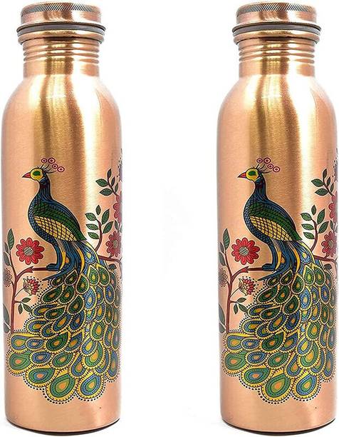 BRIJAZA Peacock printed 100% Pure copper water bottle Lacquer coated 950 ml Copper Bottle
