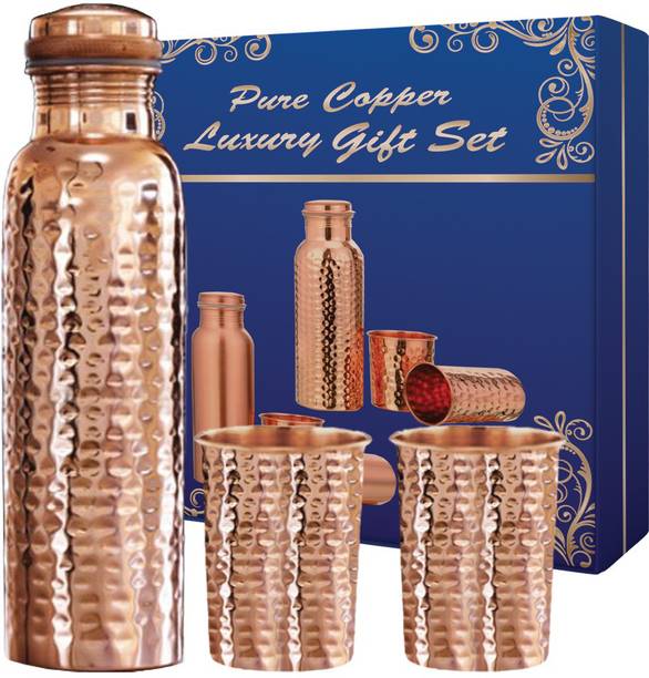 Copperika Diwali Gift Set Hammered Copper Water Bottle With 2 Glass Original WithAyurvedic 1550 ml Bottle With Drinking Glass