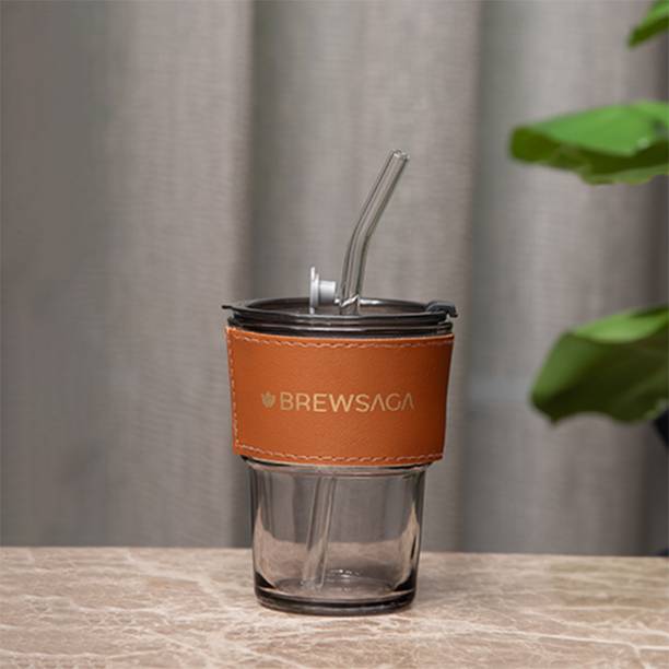 पपीता Glass Tumbler Cup With Leather Sleeve And Straw Hot/Cold Tea Coffee Juice-PPT ग्लास मग