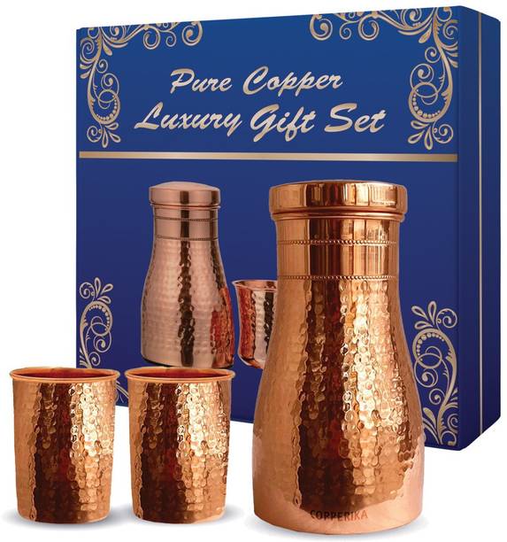 Copperika Diwali Gift Set Bedroom Copper Water Bottle With 2 Glass Original With Ayurvedic 1600 ml Bottle With Drinking Glass