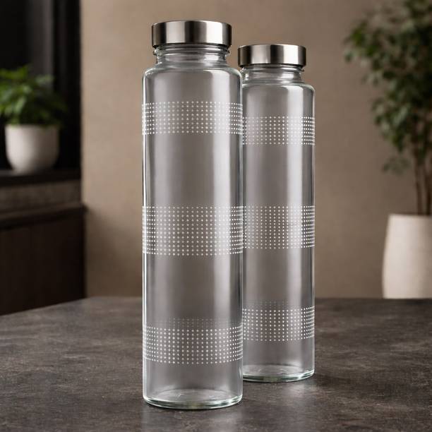 MM ENTERPRISE 1litre Glass Water Bottles With Silver Cap (Pack of 2,Clear) 1000 ml Glass Bottle