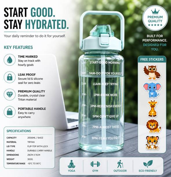 Cronus LargeCapacity Water Bottle Motivational trasparent travel bisycle 2000 ml Bottle 2000 ml Plastic Sipper