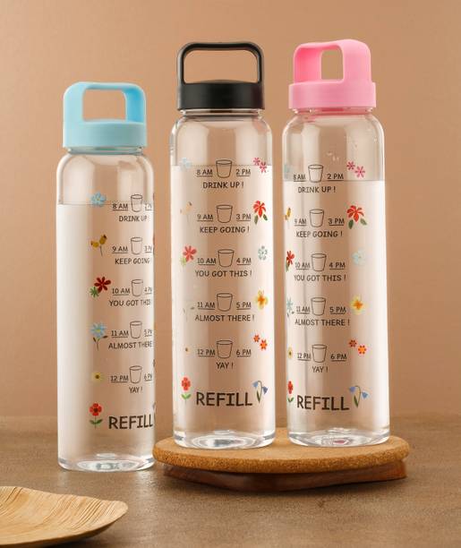 2Mech Motivational Time Marker Glass Water Bottle with Multicolor Husk Lid 1000 ml Bottle