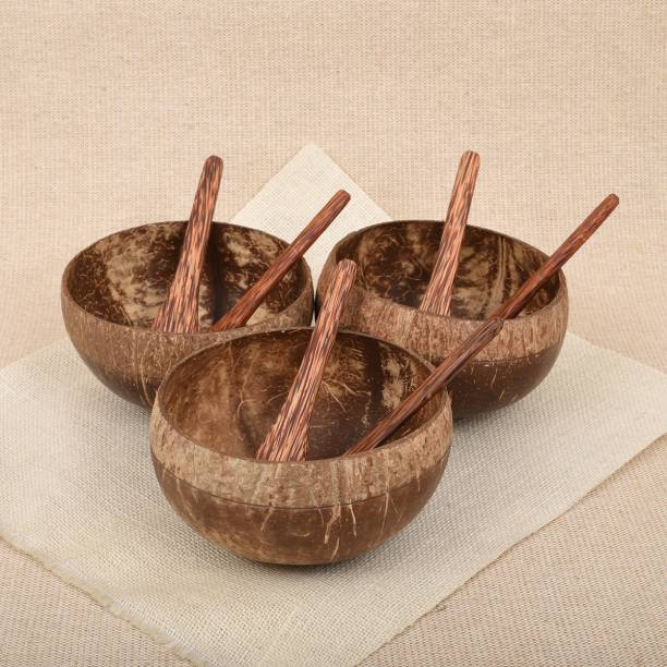 N & H Wooden Soup Bowl Handmade Coconut Shell Jumbo Bowl with Fork & Spoon