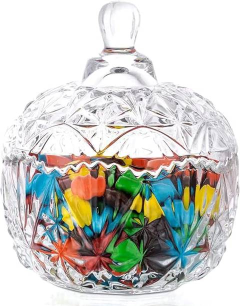 PKMSHO Glass Candy Bowl Glass Round Candy/Dry fruit Jar/Bowl with Lid, Round- (Pack of 1, Clear) Disposable