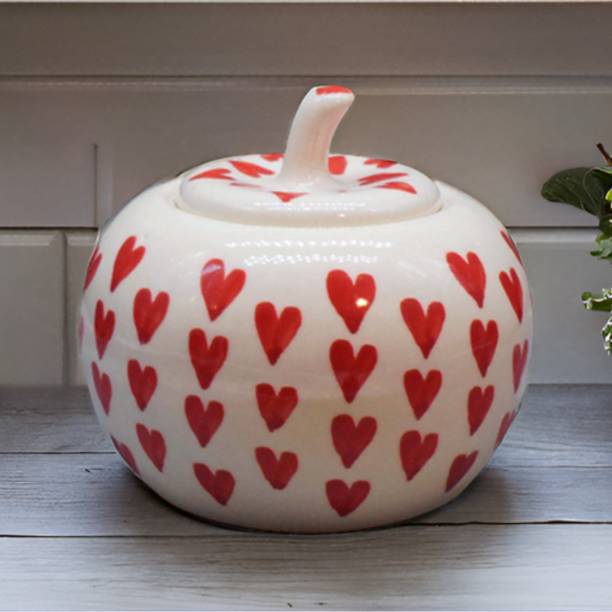 Kraftlik Handicraft Ceramic Decorative Bowl Ceramic Apple-Shaped Decorative Storage Jar – White & Red (Pack of 1)