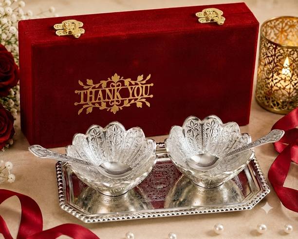 INTERNATIONAL GIFT Lotus Silver Plated Bowl Set, Red Velvet Box, For Return Gifting cloure Bowl Serving Set