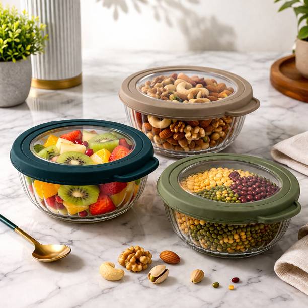 TheAmore Glass Serving Bowl Premium Glass Storage Bowl Set of 3 with Airtight Lid | Kitchen Container Set