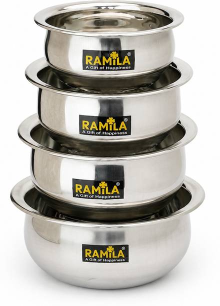 RAMILA Pack of 4 Stainless Steel Dinner Set Handi /Handi Set ( 1.5-L, 1-L, 0.75-L, 0.50-L / Capacity ) Dinner Set