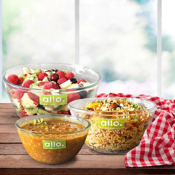 Allo Glass Mixing Bowl Oven & Microwave Safe Bowls, Dishwasher & Freezer Safe,1600ml, 2100ml & 2700ml