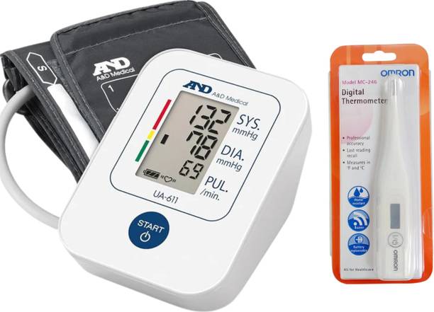 AND UA-611 Automatic Upper Arm Blood Pressure Monitor + Omron MC-246 Digital Thermometer for Home Health Monitoring Bp Monitor