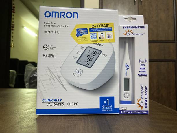 OMRON Blood Pressure Monitor HEM-7121J and MT-110 Thermometer combo pack Bp Monitor