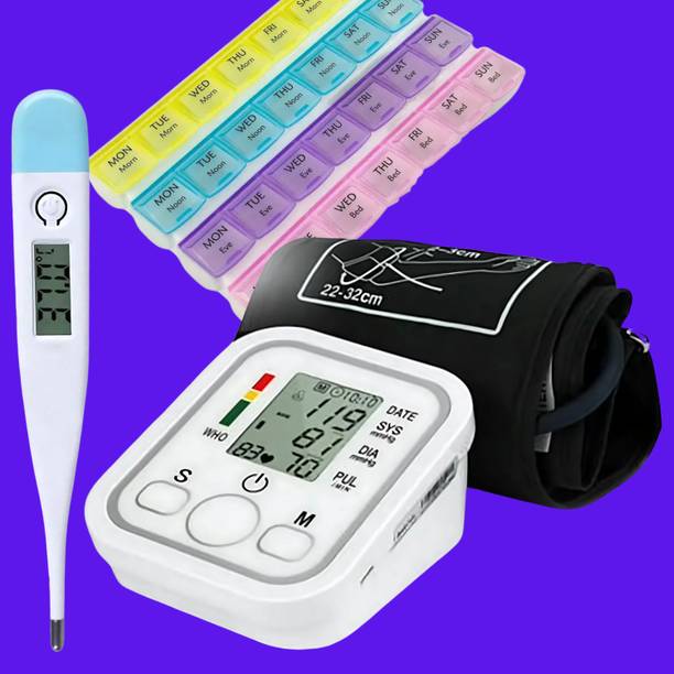 Balson Combo Pack AK-555 Blood Pressure Monitor with Adjustable Cuff, Voice Guidance & Memory + AK-45 Digital Thermometer + MDB-101 4-Week Pillbox Bp Monitor