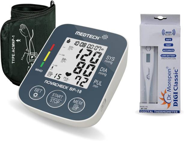 Medtech BP-18 Digital Blood Pressure Monitor with Dr. Morepen MT-110 Digital Thermometer | Home Health Combo | Accurate, Reliable & Easy to Use Bp Monitor