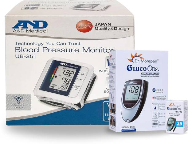 AND UB-351 Wrist Blood Pressure Monitor + Dr. Morepen BG-03 Glucometer (with 25 Test Strips) – Home Health Monitoring Kit Bp Monitor