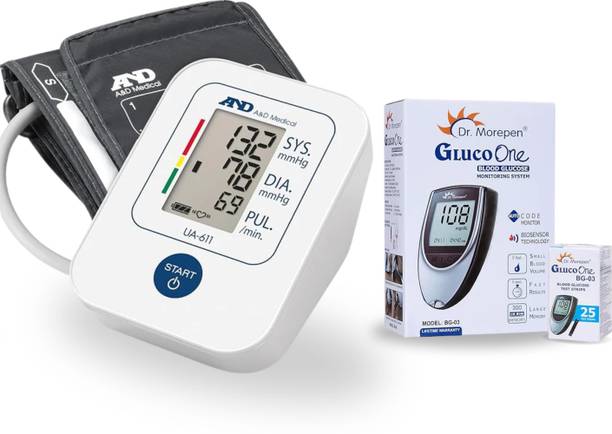 AND UA-611 Upper Arm Blood Pressure Monitor + Dr. Morepen BG-03 Glucometer (with 25 Test Strips) for Home Health Monitoring Bp Monitor