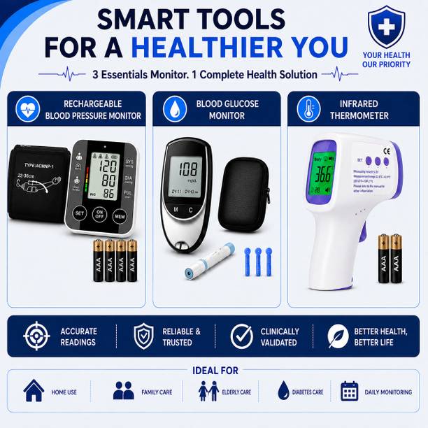 PLEXAL 3-in-1 Health Monitor Kit | BP Monitor, Glucose Meter & Infrared Thermometer Bp Monitor
