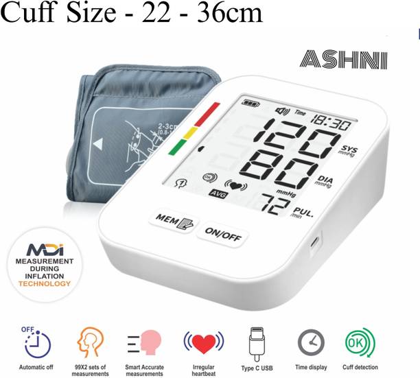 Ashni Fully Automatic Digital Blood Pressure Monitor With USB Type-C & 4 Battery Hypertension Indication Bp Monitor