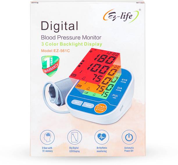 Ez-life Digital Blood Pressure Monitor with 3 Color Backlight LCD Model No - EZ-561C Automatic Digital BP Monitor with Large LCD Display and Arm Cuff Bp Monitor