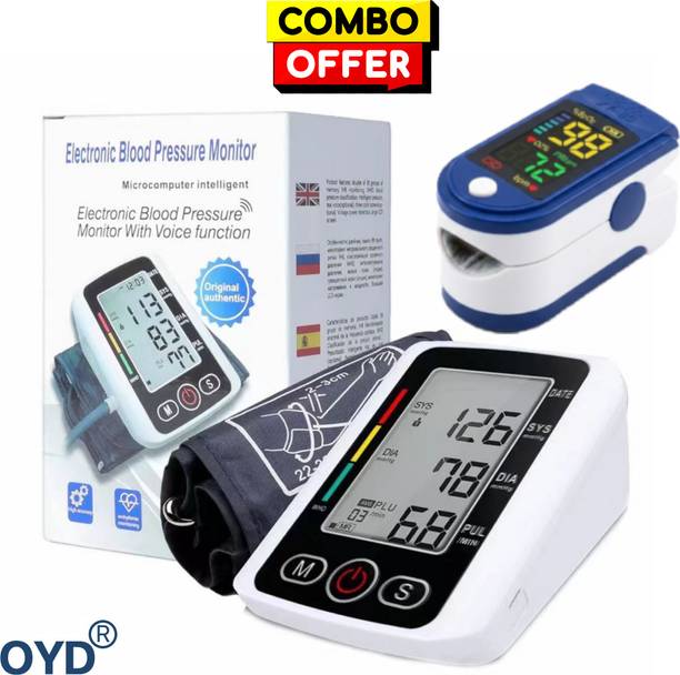 OYD Automatic BP Machine and LK87 Pulse Oximeter Combo for Home Use with voice feature and 3 colour back light Bp Monitor
