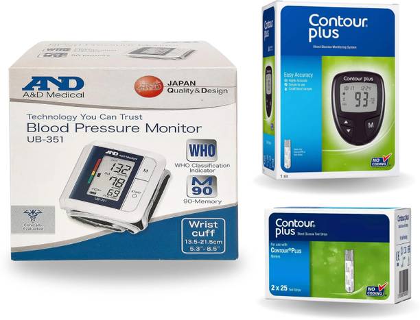 AND UB-351 Wrist Blood Pressure Monitor + Contour Plus Glucometer (50 Strips) | Automatic BP & Sugar Testing Combo Accurate Readings, Easy to Use Bp Monitor