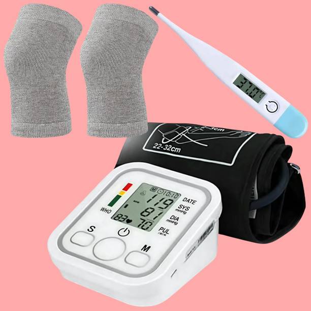 Balson Combo Pack: AK-555 Digital Blood Pressure Monitor with Voice Guidance, AK-45 Digital Thermometer & KNECAP-101 Knee Cap for Joint Support I Bp Monitor
