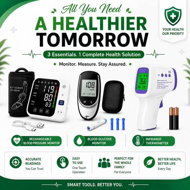 PLEXAL 3-in-1 Health Monitor Kit - Rechargeable BP, Glucose & Infrared Thermometer Bp Monitor