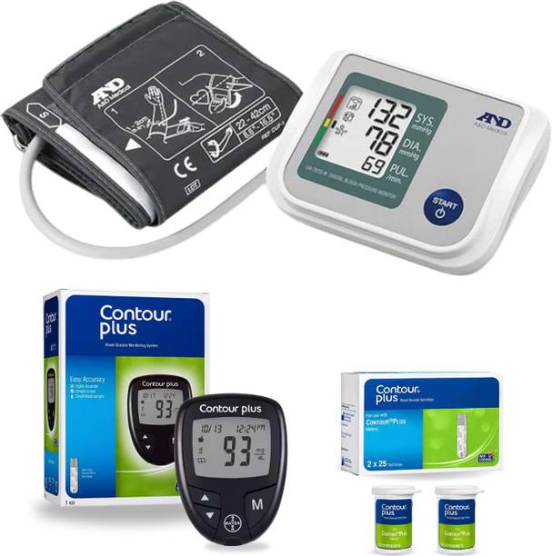 AND UA-767S-W Automatic Blood Pressure Monitor (Upper Arm) with Contour Plus Glucometer and 50 Test Strips | Accurate BP & Sugar Testing Combo Bp Monitor