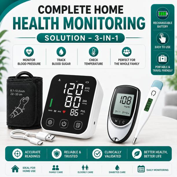 PLEXAL 3-in-1 Health Monitor Kit for Blood Pressure, Blood Sugar & Temperature Checker Bp Monitor